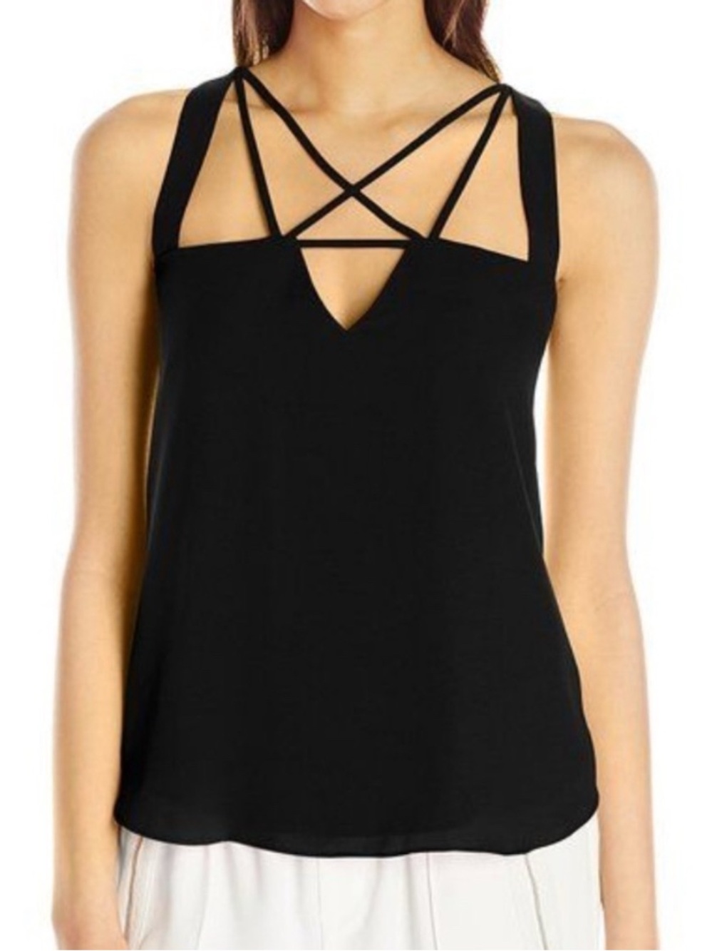 BCBGMAXAZRIA Raelyn Black Sleeveless Criss Cross Strappy Blouse Tank Top